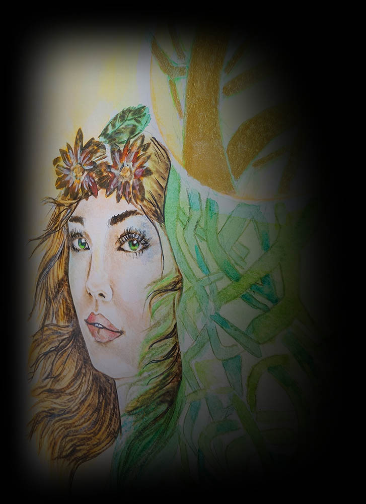 Opera tecnica mista pirografia e acquerello — ritratto femminile con nodo celtico e albero dorato, Fuoco Rupestre